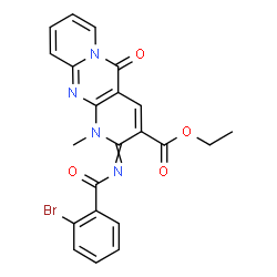 ChemSpider 2D Image | Ethyl 2-[(2-bromobenzoyl)imino]-1-methyl-5-oxo-1,5-dihydro-2H-dipyrido[1,2-a:2',3'-d]pyrimidine-3-carboxylate | C22H17BrN4O4