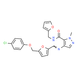 ChemSpider 2D Image | 4-[({5-[(4-Chlorophenoxy)methyl]-2-furyl}methylene)amino]-N-(2-furylmethyl)-1-methyl-1H-pyrazole-5-carboxamide | C22H19ClN4O4