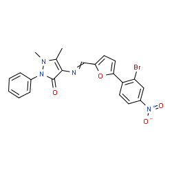 ChemSpider 2D Image | 4-({[5-(2-bromo-4-nitrophenyl)-2-furyl]methylene}amino)-1,5-dimethyl-2-phenyl-1,2-dihydro-3H-pyrazol-3-one | C22H17BrN4O4