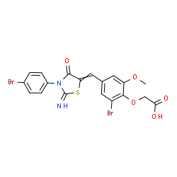 ChemSpider 2D Image | (2-Bromo-4-{[3-(4-bromophenyl)-2-imino-4-oxo-1,3-thiazolidin-5-ylidene]methyl}-6-methoxyphenoxy)acetic acid | C19H14Br2N2O5S