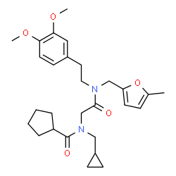 ChemSpider 2D Image | N-(Cyclopropylmethyl)-N-(2-{[2-(3,4-dimethoxyphenyl)ethyl][(5-methyl-2-furyl)methyl]amino}-2-oxoethyl)cyclopentanecarboxamide | C28H38N2O5