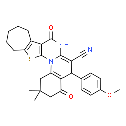 ChemSpider 2D Image | 5-(4-Methoxyphenyl)-2,2-dimethyl-4,8-dioxo-1,3,4,5,7,8,10,11,12,13-decahydro-2H,9H-cyclohepta[4',5']thieno[3',2':5,6]pyrimido[1,2-a]quinoline-6-carbonitrile | C29H29N3O3S