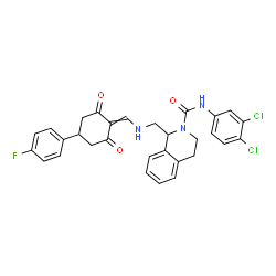ChemSpider 2D Image | N-(3,4-Dichlorophenyl)-1-[({[4-(4-fluorophenyl)-2,6-dioxocyclohexylidene]methyl}amino)methyl]-3,4-dihydro-2(1H)-isoquinolinecarboxamide | C30H26Cl2FN3O3