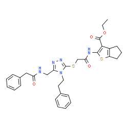 ChemSpider 2D Image | Ethyl 2-[({[5-{[(phenylacetyl)amino]methyl}-4-(2-phenylethyl)-4H-1,2,4-triazol-3-yl]sulfanyl}acetyl)amino]-5,6-dihydro-4H-cyclopenta[b]thiophene-3-carboxylate | C31H33N5O4S2