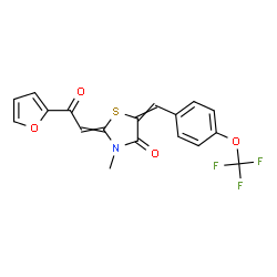 ChemSpider 2D Image | 2-[2-(2-Furyl)-2-oxoethylidene]-3-methyl-5-[4-(trifluoromethoxy)benzylidene]-1,3-thiazolidin-4-one | C18H12F3NO4S