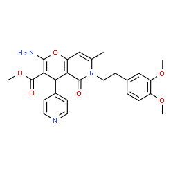 ChemSpider 2D Image | Methyl 2-amino-6-[2-(3,4-dimethoxyphenyl)ethyl]-7-methyl-5-oxo-4-(4-pyridinyl)-5,6-dihydro-4H-pyrano[3,2-c]pyridine-3-carboxylate | C26H27N3O6