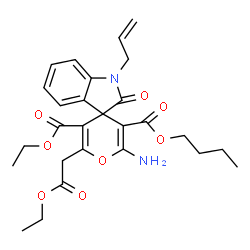 ChemSpider 2D Image | 3'-Butyl 5'-ethyl 1-allyl-2'-amino-6'-(2-ethoxy-2-oxoethyl)-2-oxo-1,2-dihydrospiro[indole-3,4'-pyran]-3',5'-dicarboxylate | C27H32N2O8