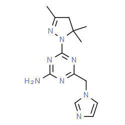 ChemSpider 2D Image | 4-(1H-Imidazol-1-ylmethyl)-6-(3,5,5-trimethyl-4,5-dihydro-1H-pyrazol-1-yl)-1,3,5-triazin-2-amine | C13H18N8