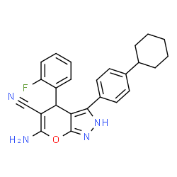 ChemSpider 2D Image | 6-Amino-3-(4-cyclohexylphenyl)-4-(2-fluorophenyl)-2,4-dihydropyrano[2,3-c]pyrazole-5-carbonitrile | C25H23FN4O