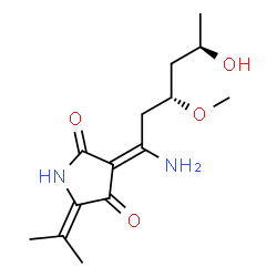 ChemSpider 2D Image | (3E)-3-[(3R,5R)-1-Amino-5-hydroxy-3-methoxyhexylidene]-5-isopropylidene-2,4-pyrrolidinedione | C14H22N2O4