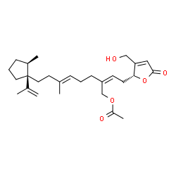 ChemSpider 2D Image | (2Z,5E)-2-{2-[(2R)-3-(Hydroxymethyl)-5-oxo-2,5-dihydro-2-furanyl]ethylidene}-8-[(1R,2R)-1-isopropenyl-2-methylcyclopentyl]-6-methyl-5-octen-1-yl acetate | C27H40O5