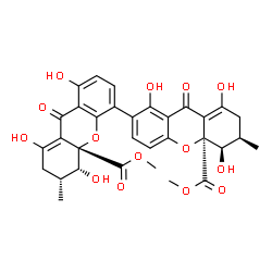 ChemSpider 2D Image | Dimethyl (5R,5'R,6R,6'R,10aS,10a'S)-1,1',5,5',8,8'-hexahydroxy-6,6'-dimethyl-9,9'-dioxo-5,5',6,6',7,7',9,9'-octahydro-10aH,10a'H-2,4'-bixanthene-10a,10a'-dicarboxylate | C32H30O14