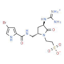 ChemSpider 2D Image | 2-[(3R,5S)-3-{[Amino(iminio)methyl]amino}-5-({[(4-bromo-1H-pyrrol-2-yl)carbonyl]amino}methyl)-2-oxo-1-pyrrolidinyl]ethanesulfonate | C13H19BrN6O5S