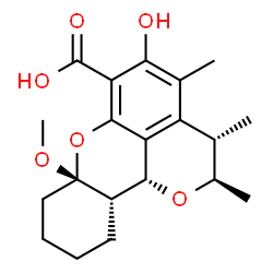 ChemSpider 2D Image | (2R,3S,7aS,11aS,11bR)-5-Hydroxy-7a-methoxy-2,3,4-trimethyl-3,7a,8,9,10,11,11a,11b-octahydro-2H-pyrano[4,3,2-kl]xanthene-6-carboxylic acid | C20H26O6