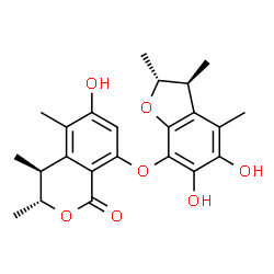 ChemSpider 2D Image | (3R,4S)-8-{[(2R,3S)-5,6-Dihydroxy-2,3,4-trimethyl-2,3-dihydro-1-benzofuran-7-yl]oxy}-6-hydroxy-3,4,5-trimethyl-3,4-dihydro-1H-isochromen-1-one | C23H26O7