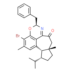 ChemSpider 2D Image | (5S,8aS,11R,11aS)-5-Benzyl-3-bromo-11-isopropyl-2,8a-dimethyl-8,8a,9,10,11,11a-hexahydro-4-oxa-6-azanaphtho[1,8-ef]azulen-7(5H)-one | C27H30BrNO2