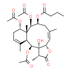 ChemSpider 2D Image | (1R,3aS,4Z,7S,8R,8aR,9S,12aS,13S,13aS)-8,9,13-Triacetoxy-13a-hydroxy-1,5,8a,12-tetramethyl-2-oxo-1,2,3a,6,7,8,8a,9,10,12a,13,13a-dodecahydrobenzo[4,5]cyclodeca[1,2-b]furan-7-yl butyrate | C30H42O11