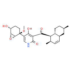 ChemSpider 2D Image | 3-{[(1R,2R,4aS,6R,8aR)-2,6-Dimethyl-1,2,4a,5,6,7,8,8a-octahydro-1-naphthalenyl]carbonyl}-4-hydroxy-5-[(1R,2S,5R,6R)-5-hydroxy-2-methoxy-7-oxabicyclo[4.1.0]hept-2-yl]-2(1H)-pyridinone | C25H33NO6