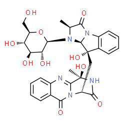 ChemSpider 2D Image | (2S,9S,9aS)-1-(beta-D-Glucopyranosyl)-9-hydroxy-9-{[(1R,4R)-1-hydroxy-1-methyl-3,6-dioxo-1,3,4,6-tetrahydro-2H-pyrazino[2,1-b]quinazolin-4-yl]methyl}-2-methyl-1,2,9,9a-tetrahydro-3H-imidazo[1,2-a]indo
l-3-one | C30H33N5O10
