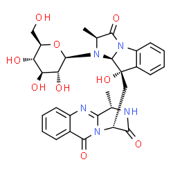 ChemSpider 2D Image | (2S,9S,9aS)-1-(beta-D-Glucopyranosyl)-9-hydroxy-2-methyl-9-{[(1S,4R)-1-methyl-3,6-dioxo-1,3,4,6-tetrahydro-2H-pyrazino[2,1-b]quinazolin-4-yl]methyl}-1,2,9,9a-tetrahydro-3H-imidazo[1,2-a]indol-3-one | C30H33N5O9