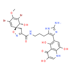 ChemSpider 2D Image | (5S,10R)-N-{3-[2-Amino-4-(3,5,8-trihydroxy-4-oxo-1,4-dihydro-6-quinolinyl)-1H-imidazol-5-yl]propyl}-7,9-dibromo-10-hydroxy-8-methoxy-1-oxa-2-azaspiro[4.5]deca-2,6,8-triene-3-carboxamide | C25H24Br2N6O8