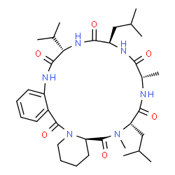 ChemSpider 2D Image | (7S,10R,13S,16S,18aR)-10,16-Diisobutyl-7-isopropyl-13,17-dimethyl-7,8,10,11,13,14,16,17,19,20,21,22-dodecahydropyrido[2,1-o][1,4,7,10,13,16]benzohexaazacyclononadecine-6,9,12,15,18,24(5H,18aH)-hexone | C34H52N6O6