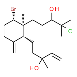 ChemSpider 2D Image | 5-[(1R,2S,3S)-3-Bromo-2-(4-chloro-3-hydroxy-4-methylpentyl)-2-methyl-6-methylenecyclohexyl]-3-methyl-1-penten-3-ol | C20H34BrClO2