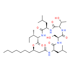 ChemSpider 2D Image | (3S,6R,9S,12S,15R,19R)-3-[(2S)-2-Butanyl]-19-heptyl-9-[(1R)-1-hydroxyethyl]-12-(hydroxymethyl)-6,15-diisobutyl-1-oxa-4,7,10,13,16-pentaazacyclononadecane-2,5,8,11,14,17-hexone | C35H63N5O9