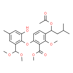 ChemSpider 2D Image | Methyl 3-(1-acetoxy-3-methylbutyl)-6-[2-(dimethoxymethyl)-6-hydroxy-4-methylphenoxy]-2-methoxybenzoate | C26H34O9