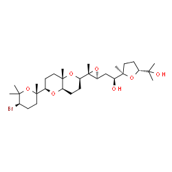 ChemSpider 2D Image | (1S)-3,4-Anhydro-4-{(2R,4aR,6R,8aS)-6-[(2S,5R)-5-bromo-2,6,6-trimethyltetrahydro-2H-pyran-2-yl]-8a-methyloctahydropyrano[3,2-b]pyran-2-yl}-2,5-dideoxy-1-C-[(2R,5R)-5-(2-hydroxy-2-propanyl)-2-methyltet
rahydro-2-furanyl]-D-erythro-pentitol | C30H51BrO7