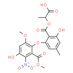 ChemSpider 2D Image | 2-({2-Hydroxy-6-[4-hydroxy-6-methoxy-2-(methoxycarbonyl)-3-nitrophenoxy]-4-methylbenzoyl}oxy)propanoic acid | C20H19NO12