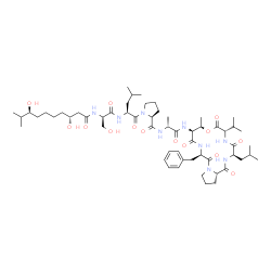 ChemSpider 2D Image | N-[(3R,8S)-3,8-Dihydroxy-9-methyldecanoyl]-D-seryl-L-leucyl-L-prolyl-N-[(3R,6S,9R,10S,13R,18aS)-13-benzyl-3-isobutyl-6-isopropyl-9-methyl-1,4,7,11,14-pentaoxohexadecahydro-1H-pyrrolo[2,1-i][1,4,7,10,1
3]oxatetraazacyclohexadecin-10-yl]-D-alaninamide | C57H91N9O14