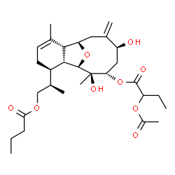 ChemSpider 2D Image | (1R,2R,6R,7R,8R,9R,10S,12S)-6-[(2R)-1-(Butyryloxy)-2-propanyl]-9,12-dihydroxy-3,9-dimethyl-13-methylene-15-oxatricyclo[6.6.1.0~2,7~]pentadec-3-en-10-yl 2-acetoxybutanoate | C30H46O9