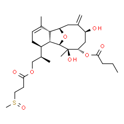 ChemSpider 2D Image | (1R,2R,6R,7R,8R,9R,10S,12S)-9,12-Dihydroxy-3,9-dimethyl-13-methylene-6-[(2R)-1-{[3-(methylsulfinyl)propanoyl]oxy}-2-propanyl]-15-oxatricyclo[6.6.1.0~2,7~]pentadec-3-en-10-yl butyrate | C28H44O8S