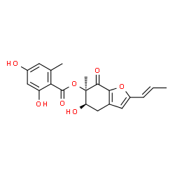 ChemSpider 2D Image | (5R,6R)-5-Hydroxy-6-methyl-7-oxo-2-[(1E)-1-propen-1-yl]-4,5,6,7-tetrahydro-1-benzofuran-6-yl 2,4-dihydroxy-6-methylbenzoate | C20H20O7