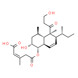 ChemSpider 2D Image | (2Z)-5-{[(1S,2R,4R,4aS,5S,6S,8aR)-6-[(2R)-2-Butanyl]-2-hydroxy-5-(3-hydroxypropanoyl)-4,5-dimethyl-1,2,3,4,4a,5,6,8a-octahydro-1-naphthalenyl]oxy}-3-methyl-5-oxo-2-pentenoic acid | C25H38O7