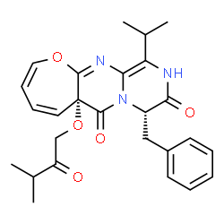 ChemSpider 2D Image | (5aR,8S)-8-Benzyl-11-isopropyl-5a-(3-methyl-2-oxobutoxy)-5a,10-dihydro-6H-oxepino[2,3-d]pyrazino[1,2-a]pyrimidine-6,9(8H)-dione | C26H29N3O5