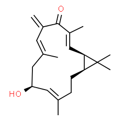 ChemSpider 2D Image | (1R,2E,6E,9S,10E,14S)-9-Hydroxy-3,7,11,15,15-pentamethyl-5-methylenebicyclo[12.1.0]pentadeca-2,6,10-trien-4-one | C21H30O2