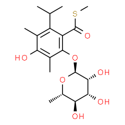 ChemSpider 2D Image | S-Methyl 2-[(6-deoxy-alpha-L-mannopyranosyl)oxy]-4-hydroxy-6-isopropyl-3,5-dimethylbenzenecarbothioate | C19H28O7S
