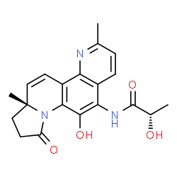 ChemSpider 2D Image | (2S)-2-Hydroxy-N-[(6aR)-11-hydroxy-3,6a-dimethyl-9-oxo-6a,7,8,9-tetrahydropyrrolo[1,2-i][1,7]phenanthrolin-12-yl]propanamide | C20H21N3O4