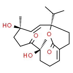 ChemSpider 2D Image | (1Z,9R,10E,12S)-5,9-Dihydroxy-12-isopropyl-5,9-dimethyl-13-oxabicyclo[10.2.2]hexadeca-1,10-diene-6,14-dione | C20H30O5