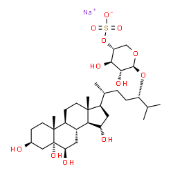 ChemSpider 2D Image | Sodium (3beta,5alpha,6beta,15alpha,24S)-3,5,6,15-tetrahydroxycholestan-24-yl 4-O-sulfonato-beta-D-xylopyranoside | C32H55NaO12S