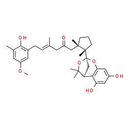 ChemSpider 2D Image | (4E)-1-{(1S,2S)-2-[(1S,9R)-3,5-Dihydroxy-11,11-dimethyl-8,10-dioxatricyclo[7.2.1.0~2,7~]dodeca-2,4,6-trien-9-yl]-1,2-dimethylcyclopentyl}-6-(2-hydroxy-5-methoxy-3-methylphenyl)-4-methyl-4-hexen-2-one | C34H44O7