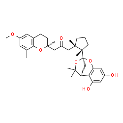 ChemSpider 2D Image | 1-{(1S,2S)-2-[(1S,9R)-3,5-Dihydroxy-11,11-dimethyl-8,10-dioxatricyclo[7.2.1.0~2,7~]dodeca-2,4,6-trien-9-yl]-1,2-dimethylcyclopentyl}-3-[(2S)-6-methoxy-2,8-dimethyl-3,4-dihydro-2H-chromen-2-yl]acetone | C34H44O7