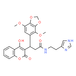 ChemSpider 2D Image | 3-(4,7-Dimethoxy-1,3-benzodioxol-5-yl)-3-(4-hydroxy-2-oxo-2H-chromen-3-yl)-N-[2-(1H-imidazol-4-yl)ethyl]propanamide | C26H25N3O8