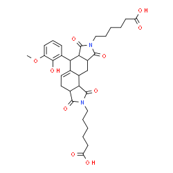 ChemSpider 2D Image | 6,6'-[6-(2-Hydroxy-3-methoxyphenyl)-1,3,7,9-tetraoxo-1,3,3a,4,6,6a,7,9,9a,10,10a,10b-dodecahydroisoindolo[5,6-e]isoindole-2,8-diyl]dihexanoic acid | C33H40N2O10