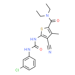 ChemSpider 2D Image | 5-{[(3-Chlorophenyl)carbamoyl]amino}-4-cyano-N,N-diethyl-3-methyl-2-thiophenecarboxamide | C18H19ClN4O2S