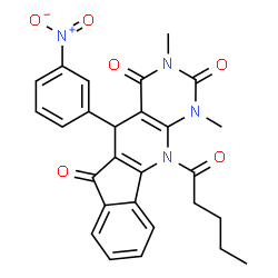 ChemSpider 2D Image | 1,3-Dimethyl-5-(3-nitrophenyl)-11-pentanoyl-5,11-dihydro-1H-indeno[2',1':5,6]pyrido[2,3-d]pyrimidine-2,4,6(3H)-trione | C27H24N4O6