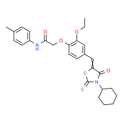 ChemSpider 2D Image | 2-{4-[(3-Cyclohexyl-4-oxo-2-thioxo-1,3-thiazolidin-5-ylidene)methyl]-2-ethoxyphenoxy}-N-(4-methylphenyl)acetamide | C27H30N2O4S2