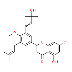 ChemSpider 2D Image | 5,7-Dihydroxy-2-[3-(3-hydroxy-3-methyl-1-buten-1-yl)-4-methoxy-5-(3-methyl-2-buten-1-yl)phenyl]-2,3-dihydro-4H-chromen-4-one | C26H30O6
